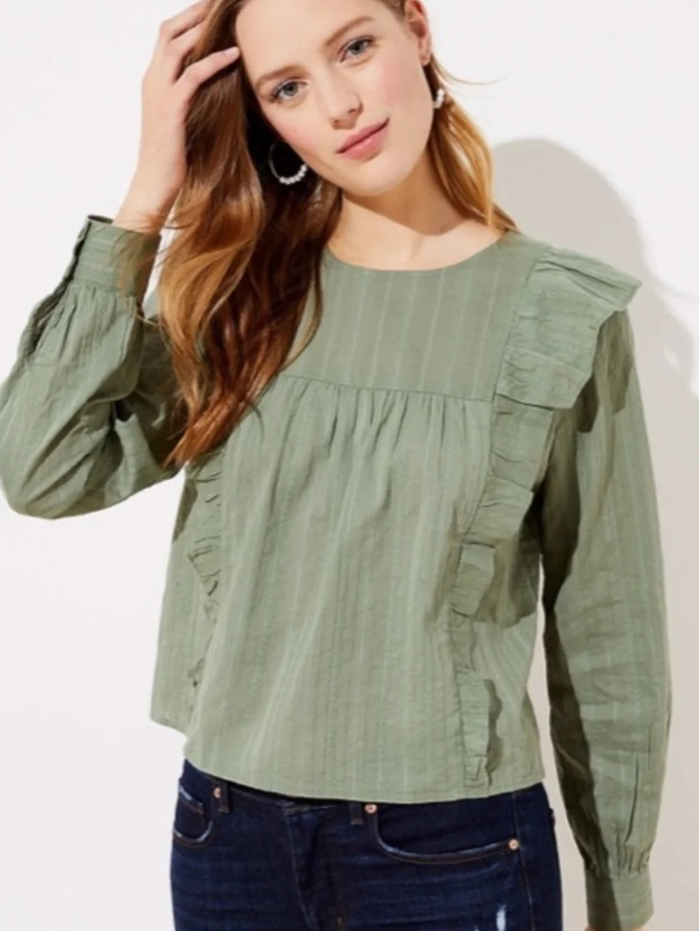 LOFT Ruffle Cropped Yoke Long-Sleeve Blouse in Sage Green SP